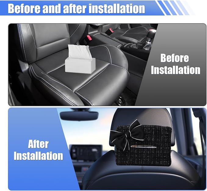 Car Tissue Holder, Cute Bow Tissue Box Cover for Auto Backseat, Rectangle Auto Napkin Holder Keep Car Tidy, Universal Napkin Storage Organizer for Vehicle Sun Visor, Headrest (Black) - Image 5