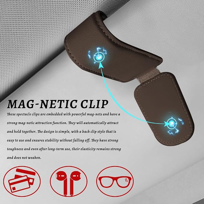 Sunglass Holder for Car, Car Sunglass Holder, Magnetic Leather Sunglasses Holder and Ticket Card Clip, Auto Multi-Functional Sun Visor Eyeglass Holders for SUV Pickup Truck (Brown) - Image 5