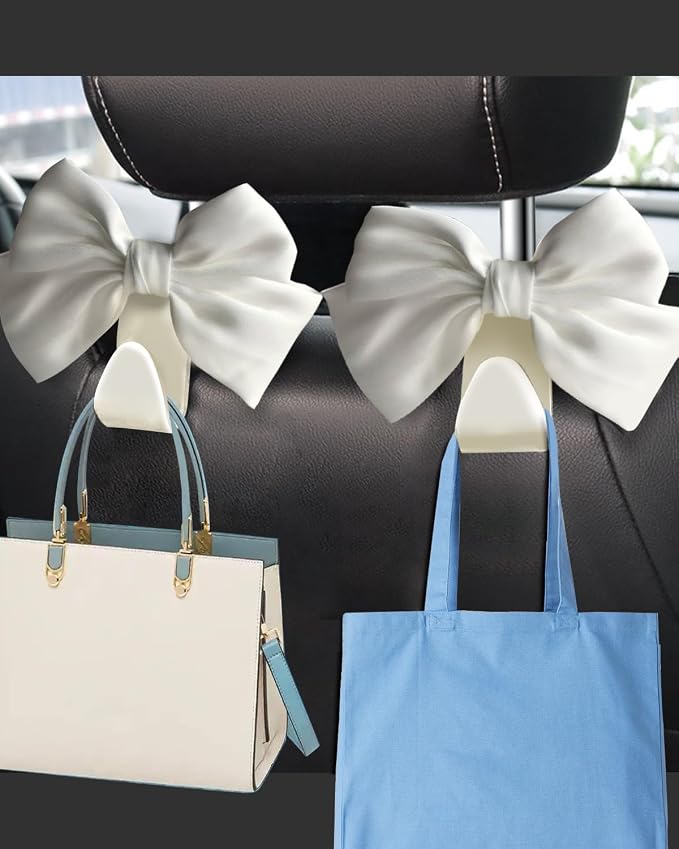 2 Pack Car Purse Hooks, Headrest Hooks for Cars, White silk | Car Bag Hanger for Groceries, Coats, Umbrellas and Daily Essentials, Bow-Shaped Car Interior Organizer for Handbags and Bags - Image 2
