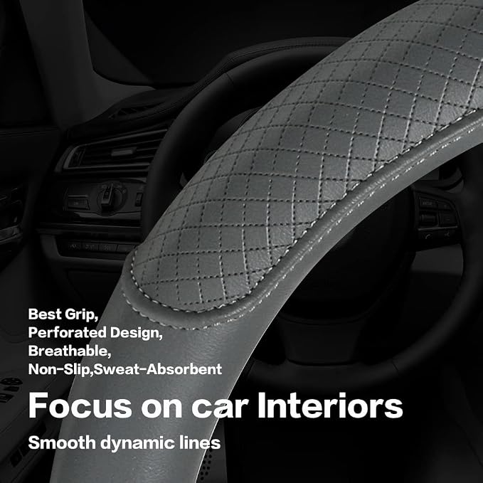 Microfiber Leather Steering Wheel Cover, Classic Embossing, Anti-Slip, Breathable, 15 Inch, Gray - Image 5