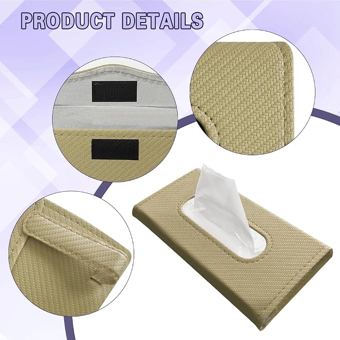 Car Visor Tissue Holder, Tissue Box Holder for Car, Leather Auto Sun Visor Napkin Case Mask Dispenser, Automotive Accessories Rectangular Hanging Auto Napkin Box Fit for Most Vehicles (Beige) - Image 4