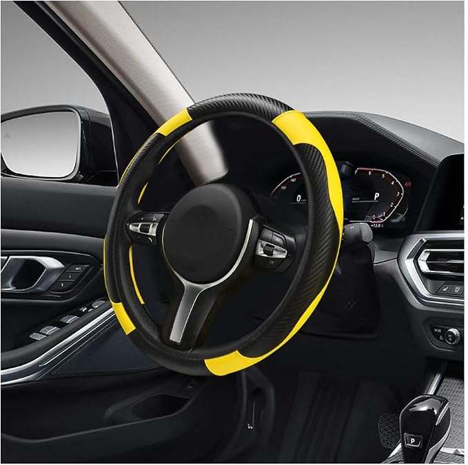 DXNQ Car Steering Wheel Cover, 15 Inch Carbon Fiber Leather Stitching Color Steering Wheel Protector, Anti-Slip Elastic Breathable Steering Wheel Cover Stylish Decor for Most Cars (Yellow) by DXNQ