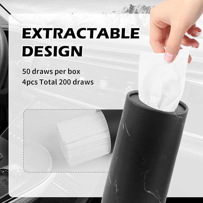 4PCS Pull Out Cars Tissue Holder,Refillable Car Tissues Cylinder with 30-Count Per Box,Multifunctional Car Tissue Box for Cars as Automotive Garbage Cans/Pen Holders (Marble Black) - Image 5