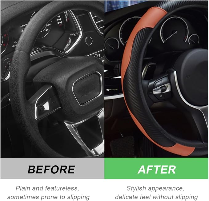 DXNQ Car Steering Wheel Cover, 15 Inch Carbon Fiber Leather Stitching Color Steering Wheel Protector, Anti-Slip Elastic Breathable Steering Wheel Cover Stylish Decor for Most Cars (Black & Coffee) - Image 4