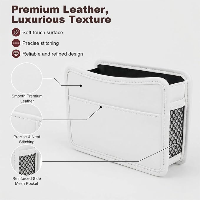 Car Seat Side Pocket Organizer, Leather Sewn Multifunctional Automotive Trash Bag, Small Vehicle Door Pouch for Cell Phone, Key, Wallet, Sunglasses (White) - Image 3