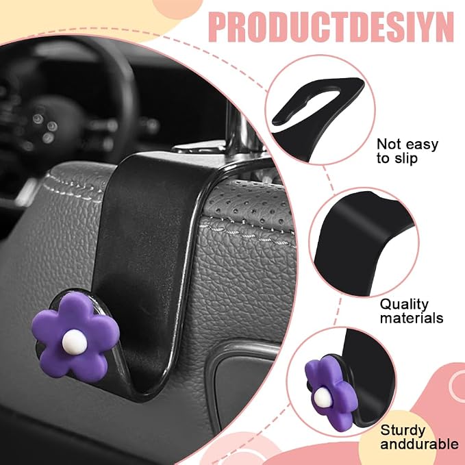 Car Headrest Hooks, Cute Flower Vehicle Seat Organizer Hooks for Purses and Bags, Portable Automotive Purse Hanger Holder Decoration, Universal Car Accessories for SUV, Sedan, Truck (Purple) - Image 3