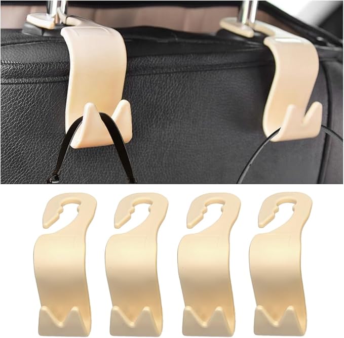 Car Seat Headrest Hook, 4PCS Vehicle Seat Back Storage Hanger for Handbag Purse Grocery, Automotive Interior Organization Holder Hook, Universal for SUV, Truck, RV (Beige) by Unknown