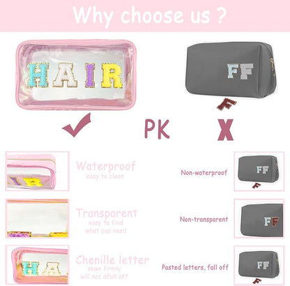 Chenille Letter Clear Makeup Bag Stuff Patch, Travel Toiletry Makeup Bag with Handle, Nylon Waterproof Makeup Bags clear cosmetic bag, preppy patch makeup bag for Women (STUFF-Pink) - Image 4