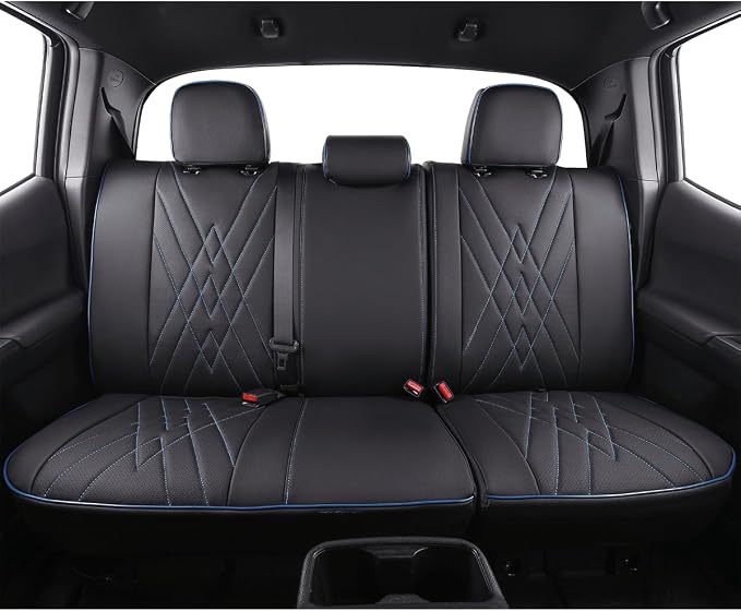 EKR Custom Fit Tacoma Rear Car Seat Covers for Toyota Tacoma 2016 2017 2018 2019 2020 2021 2022 2023 Access Cab - Second Row Only,Faux Leather(Black with Blue Trim) - Image 2
