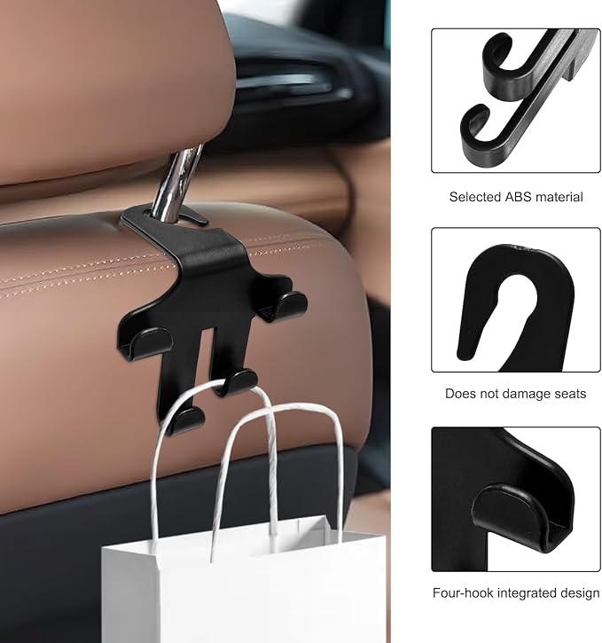 2PCS Car Seat Headrest Hooks, 4-in-1 Sturdy Car Seat Back Hanger Multifunctional Hanging Holder, Heavy Duty Auto Storage Hook Organizer for Handbags Purses Coats Grocery Bags - Image 3