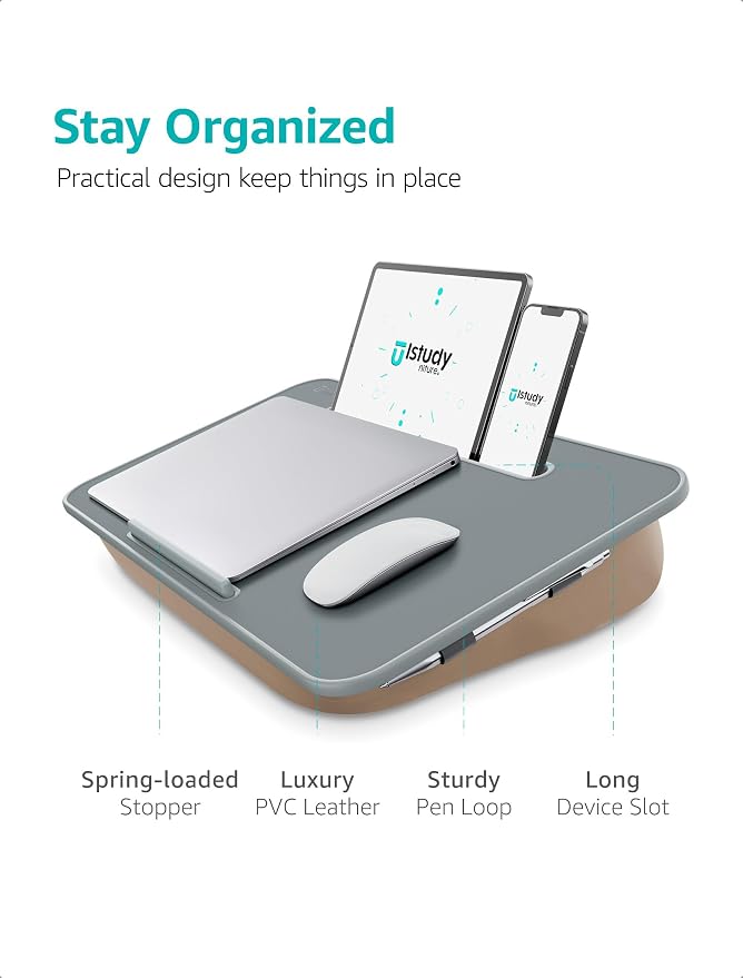 Istudyniture Lap Desk | Portable Laptop Desk & Stand – Fits Up to 17 inch – Washable Cushion, Built-in Phone Holder – for Bed, Couch, Sofa, Floor – Writing, Reading, Home Office – Large, Coffee - Image 6