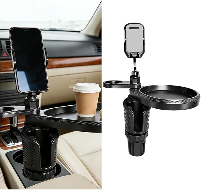 Car Cup Holder Tray, 4-in-1 Vehicle Drink Holder Expander Adapter with Phone Holder & Food Tray Table, Auto Center Console Cupholder Eating Table Organizer for Road Trip, Universal Fit (Gray) by Unknown