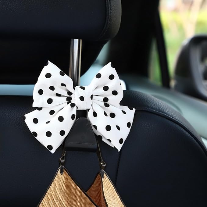 Mandark 2PCS Bow Car Headrest Hooks for Bags, White/Polka Dot | PVC construction, clip-on installation keeps items off the floor, fits most cars, SUVs, and trucks, car interior accessories - Image 6