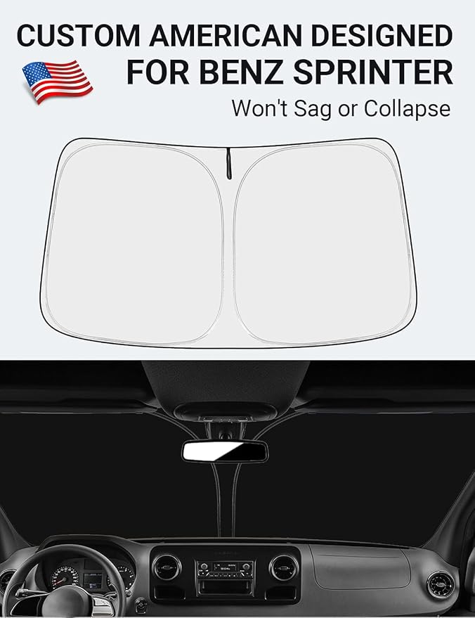 Proadsy Custom Fit Car Windshield Sun Shade for 2007-2026 Benz Sprinter | 240T Heat Shield, Drops Temp 54°F, Blocks 99% UV, Prevents Dashboard Cracking, Summer Parking & Beach Trips, Easy Twist-Fold - Image 2