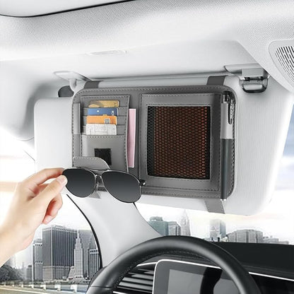 Leather Sun Visor Organizer for Truck, Sunglasses Holder, Cards Sleeve Pockets Organizer, Visor Document Holder for Registration License, Drving License, Insurance, Cards, Pen, Key - Image 2