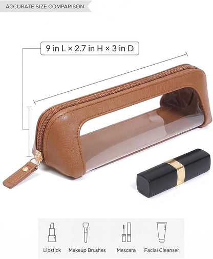 Clear Makeup Bag,PU Leather Mini Makeup Pouch Portable Makeup Brush Case Transparent Waterproof Cosmetic Organizer Pouch with Zipper for Women Home Travel Office Car Organizer and Storage(Slim, Brown) - Image 6