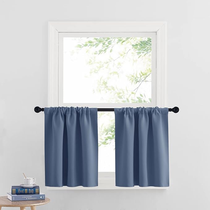 RYB HOME Cafe Blackout Curtains 24 inch Length, RV Camper Window Curtains | Short Small Half Window Tiers,Privacy,Thermal Insulated,Light UV Heat Blocking,Rod Pocket,W29 x L24,Stone Blue,2 Panels by RYBHOME