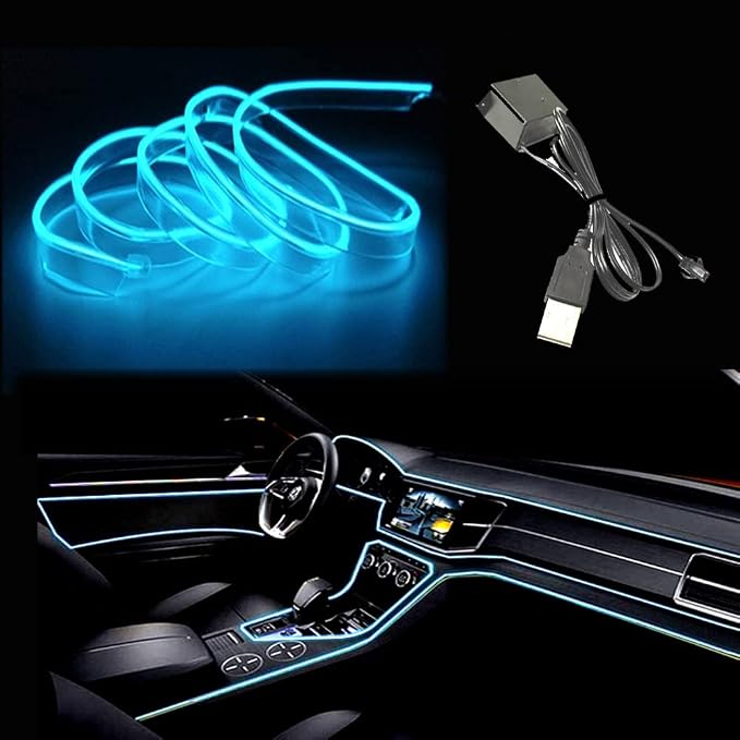 El Wire Ice Blue Interior Car LED Strip Lights, 2M Neon Wire USB 5V with Fuse Protection for Automotive Interior Decoration, with 6mm Sewing Edge by Maxlaxer