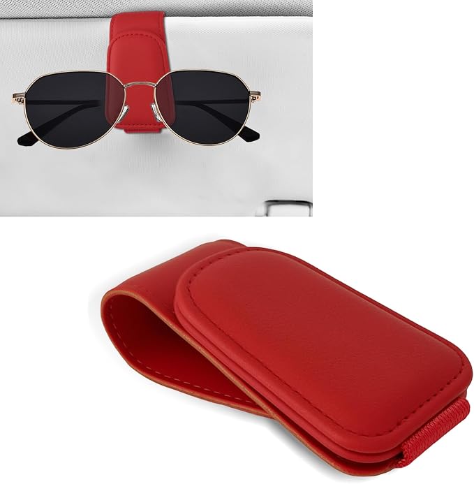 Sunglass Holder for Car, Car Sunglass Holder, Magnetic Leather Sunglasses Holder and Ticket Card Clip, Auto Multi-Functional Sun Visor Eyeglass Holders for SUV Pickup Truck (Red) by Unknown