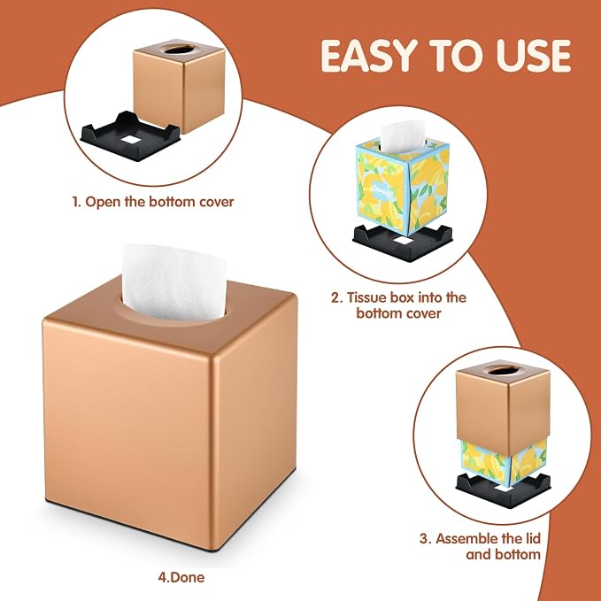 Y-in Hand Tissue Box Cover, Square Facial Cube Tissue Box Holder, Storage Accessories for Bathroom Vanity, Bedroom Countertops, Dressers, Night Stand, Parlors and Offices - Camel Rose Gold - Image 7
