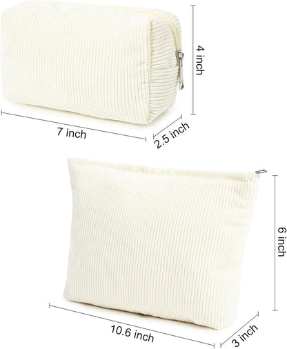 SOIDRAM 2 Pieces Corduroy Makeup Bag Large Corduroy Cosmetic Bag Capacity Canvas Mix Travel Toiletry Bag Organizer Cute Makeup Brushes Aesthetic Accessories Storage Bag for Women - Image 3