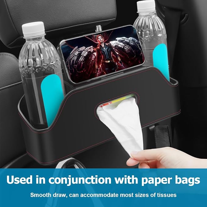 Zipelo Car Headrest Backseat Organizer with Cup Holder, Multi-Functional Vehicle Seat Back Hanging Storage Box with Hooks, Auto Drink Snack Phone Tray Travel Accessories for Kids Adults (Beige) - Image 4