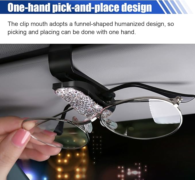 2PCS Bling Sunglasses Holder for Car, Fashion Crystal Rhinestone Sun Visor Glasses Holder with Ticket Card Clip, Eyeglasses Mount Car Sunglasses Clip, Auto Visor Glasses Clip for Women Girls (White) - Image 5