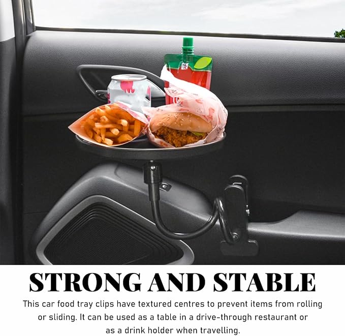 povtii Car Adjustable Food Tray, 360° Swivel Car Food Tray 8.7 Inch Diameter Storage Tray, Non-Slip Clip Type Snack Tray Swivel Dining Table for Vehicles, Interior Car Accessories (White) - Image 5