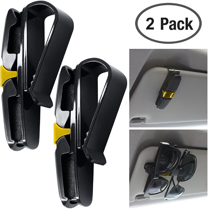FineGood 2 Pack Glasses Holders for Car Sun Visor, Sunglasses Eyeglasses Mount with Ticket Card Clip - Black + Gold - Image 3