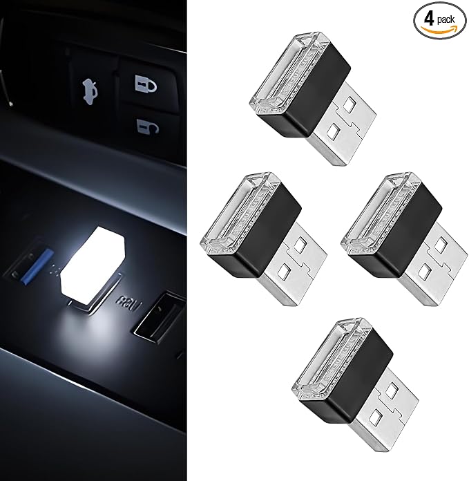 4 PCS USB LED Car Interior Ambient Lighting Kit, Portable Plug-in Atmosphere Lamp Decor Night Light, Universal Vehicle Interior Accessories for Most Cars (White) by Unknown
