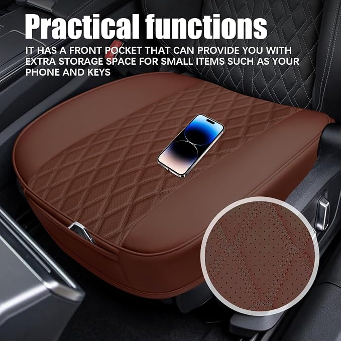 Leather Front Car Seat Cover, Anti-Slip Car Seat Bottom Covers, Full Wrapped Bottom Seat Protectors with Storage Pocket, Universal Comfortable Seat Cushion Fit Vehicles SUVs Trucks (Coffee) - Image 3