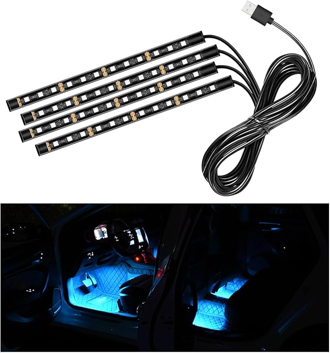 Car LED Strip Light, 48 LEDs RGB Neon Interior Atmosphere Lights, 12V Under Dash Ambient Night Light, USB Port Auto Interior Decorative Lamp, Universal Car Accessories (Ice Blue) by Sylvil