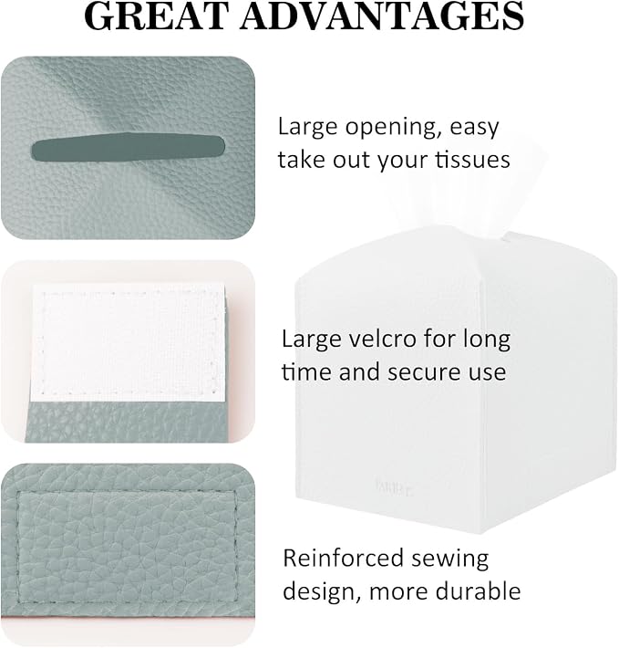 Tissue Box Cover Holder Square Tissue Cube Cover PU Leather Tissue Organizer with Bottom Belt for Bathroom, Tabletop, Car, Night Stands, Office, Home, Kitchen (1, Blue) - Image 4