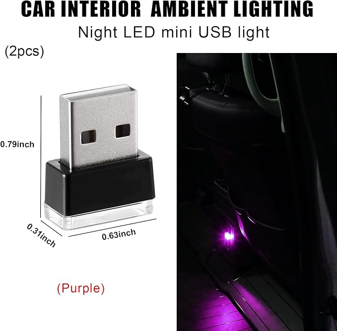 2 PCS USB LED Car Interior Atmosphere Lamp, Portable Mini LED Night Light, Plug-in USB Interface Trunk Ambient Lighting Kit, Universal Interior Car Accessories (Purple) - Image 2