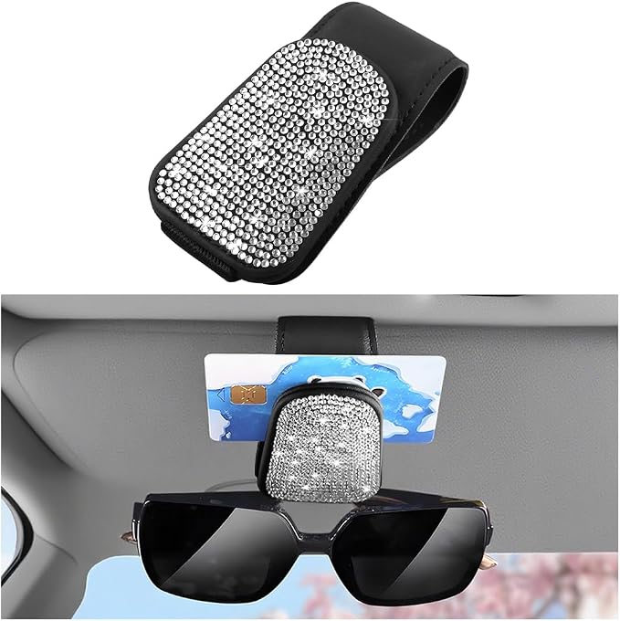 HZEL Bling Sunglass Holder for Car Sun Visor, Magnetic Leather Crystal Rhinestones Vehicle Eyeglasses Visor Clip, Diamond Automotive Glasses Hanger Mount, Universal for SUV RV Truck (Black/White) by Unknown