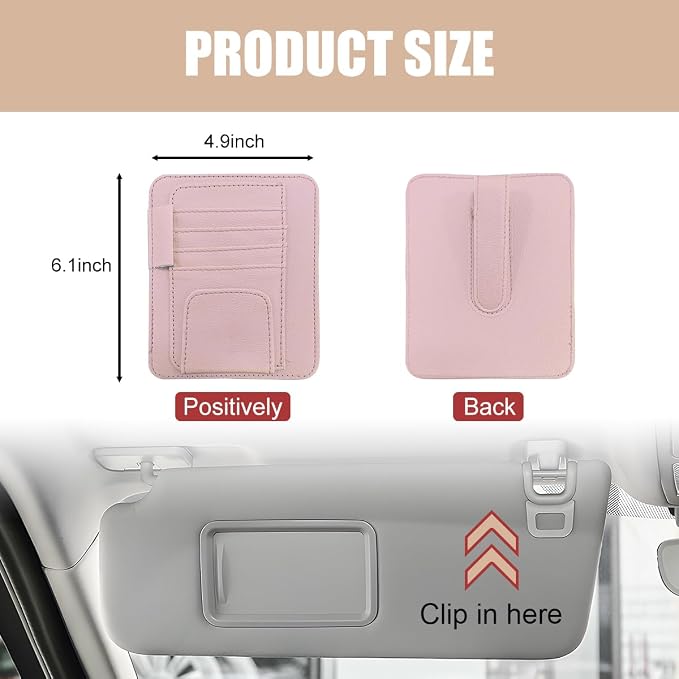 Augeny 2 PCS Car Sun Visor Organizer, Small Auto Visor Organizer and Storage, Registration and Document Holder for Sunglasses, Card, Pen, Driver License, Car Accessories (Pink) - Image 2