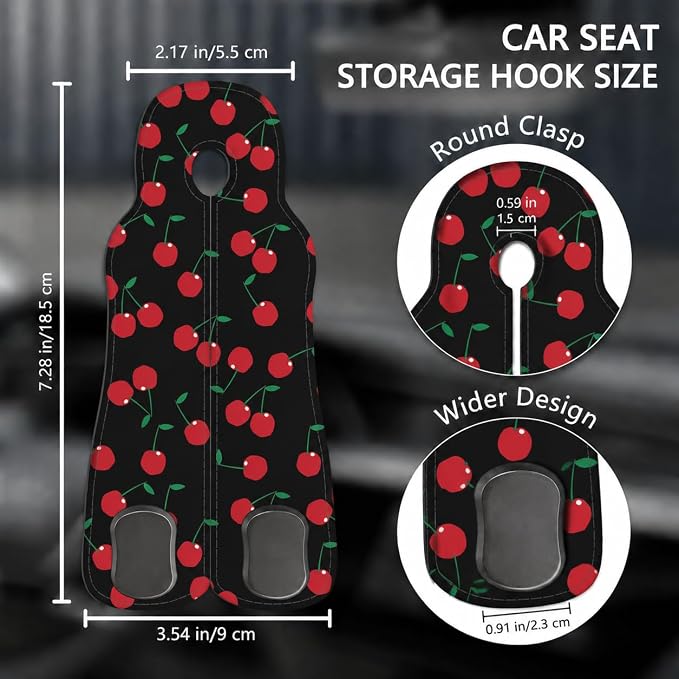 Cute Cherry Car Seat Back Storage Headrest Hooks for Purses & Bags – 2PCS PU Leather Dual Metal Hooks, Backseat Organizer Accessories - Image 2