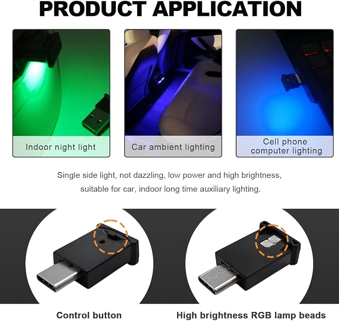 2 PCS USB Type C LED Ambient Light, 8 Color Car RGB USB LED Decoration Night Lamp, Interior Mini Adjustable Brightness Atmosphere Light, Universal Vehicle Interior Accessories - Image 4