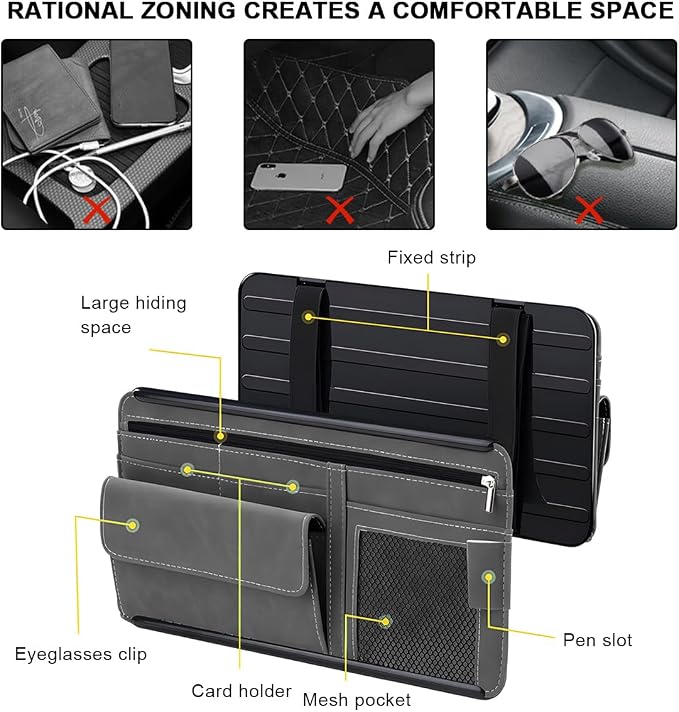 Car Sun Visor Organizer, Leather Sun Visor Pocket Organizer Case with Multi-Pocket Net Zipper, Suede Note Holder Car Visor Storage Pouch for Card Pen Sunglasses Document (Brown) - Image 4