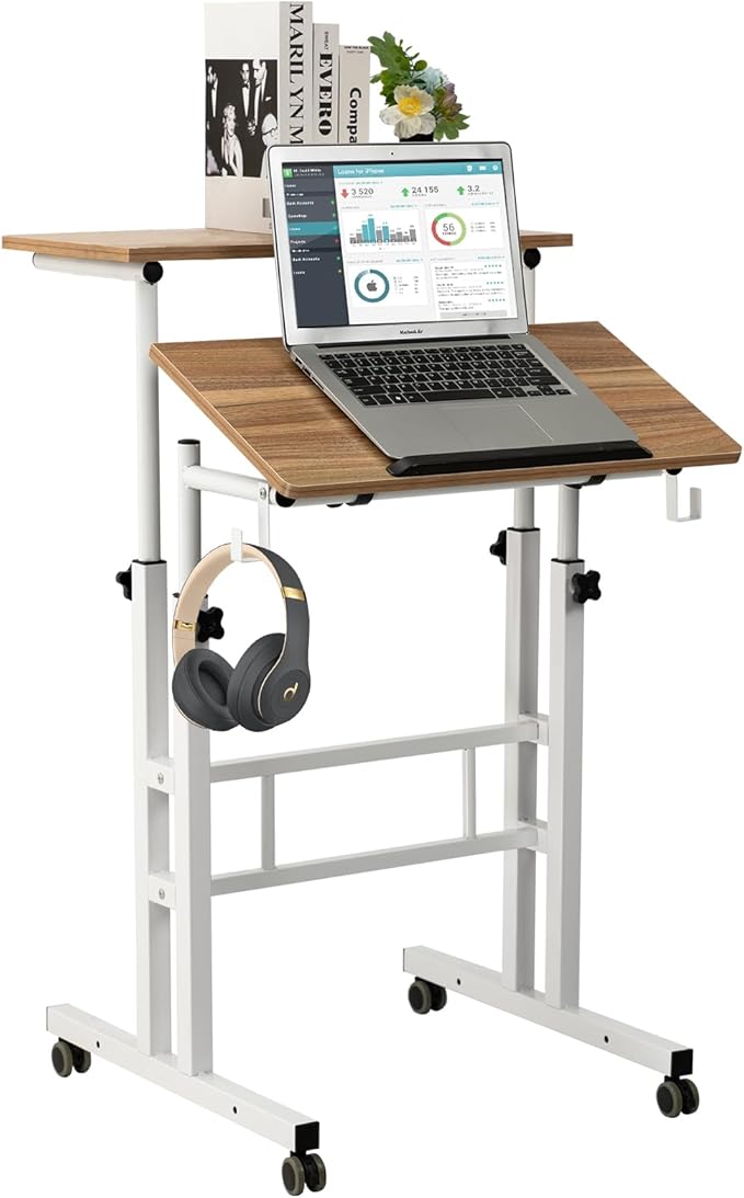 SIDUCAL Small Standing Desk, Portable Stand Up Desk, Height Adjustable Mobile Standing Table Converter with Wheels Computer Workstations, Rolling Laptop Cart for Stand or Sit, Vintage Oak by SIDUCAL