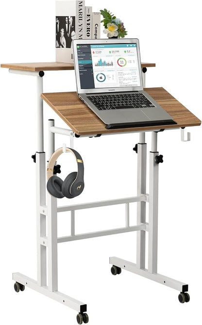 SIDUCAL Small Standing Desk, Portable Stand Up Desk, Height Adjustable Mobile Standing Table Converter with Wheels Computer Workstations, Rolling Laptop Cart for Stand or Sit, Vintage Oak by SIDUCAL