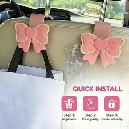 2PCS Car Seat Headrest Hook, Cute Bow Vehicle Backseat Storage Hanger Purse Handbag Organizer, Automotive Interior Seat Back Hook Holder for Umbrella Hat Bag, Universal for Vehicles (Pink) - Image 4