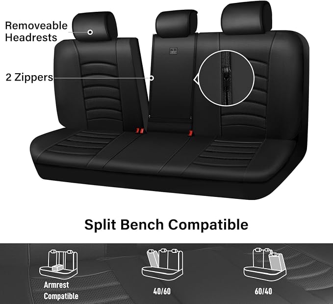 CAR PASS Leather Back Seat Cover, Universal Waterproof Bench Rear Seat Cover Zipper Split Rear Bench Protector Fit 95% Automotive Interior Covers for Cars Sedans SUVs (Rear,All Black) - Image 3