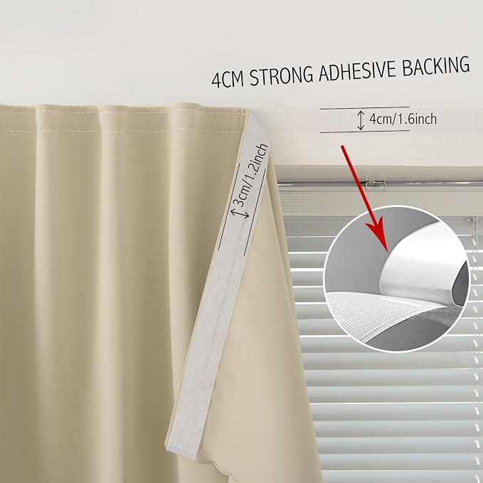 Blackout Curtains with Self Adhesive Tape No Rod No Drill Easy Install Window Cover for Bedroom Kitchen Dorm 34" W X 59" L Beige 1 Panel - Image 7