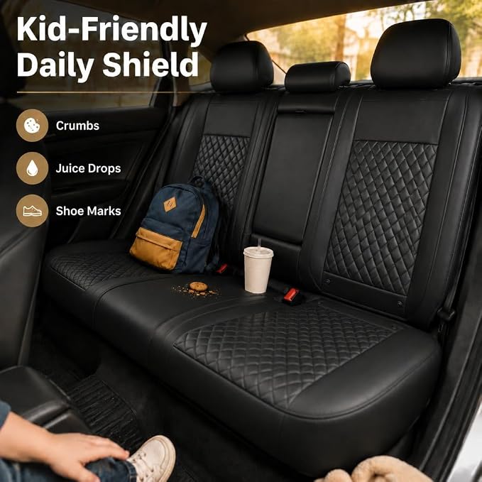 Black Thick Nappa Leather 3D Contoured Automotive Car Seat Covers Full Set | Univerasal Fit,Lumbar Support,3D Contoured,Semi Coverage,Waterproof,ThickTexture,for most Suvs Trucks Sedans - Image 5