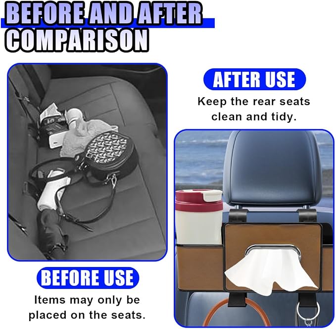 YoRise Multifunctional Car Back Seat Organizer, Leather Automotive Headrest Phone & Tissue & Cup Holder with Hooks, Family Travel Vehicle Backseat Storage Box for Drink, Snack, Handbag (Brown) - Image 5