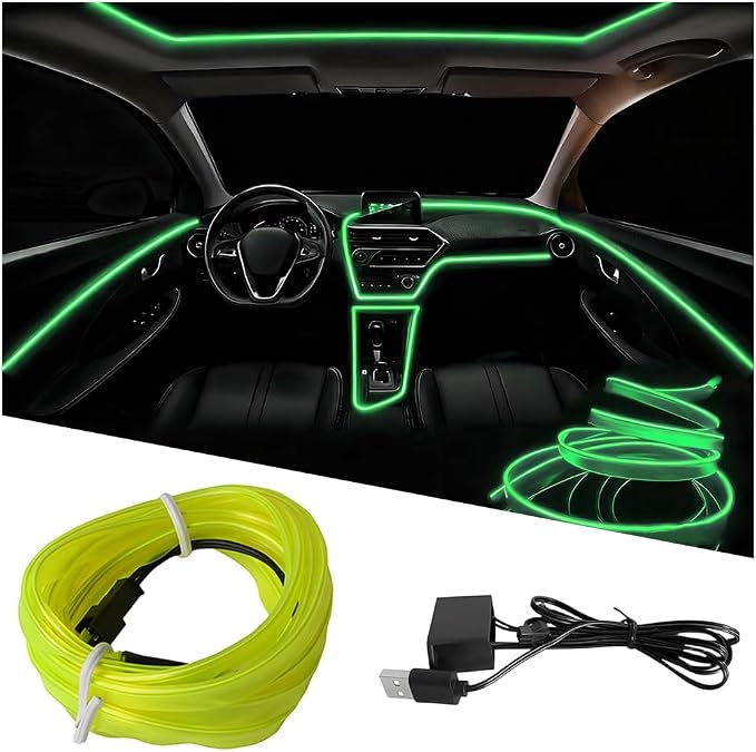 EL Wire Car LED Strip Lights, 16.5FT 5V USB Vehicle Ambient Lighting Kit with Fuse Protection, Automotive Interior Neon Decoration Lamp with 5mm Sewing Edge, Universal Fit (Fluorescent Green) by Ywdiml