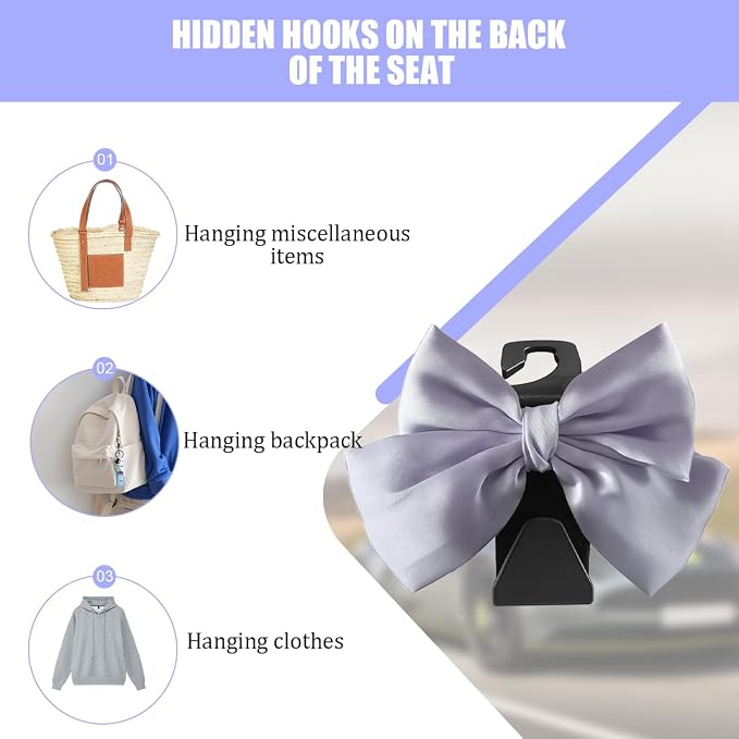 2PCS Car Seat Headrest Hook, Cute Bow Stylish Seat Back Purse Handbag Hanger Organizer, Multi-Purpose Auto Backseat Storage Hook Holder for Umbrella Coat Bag, Universal Fit (Purple) - Image 3