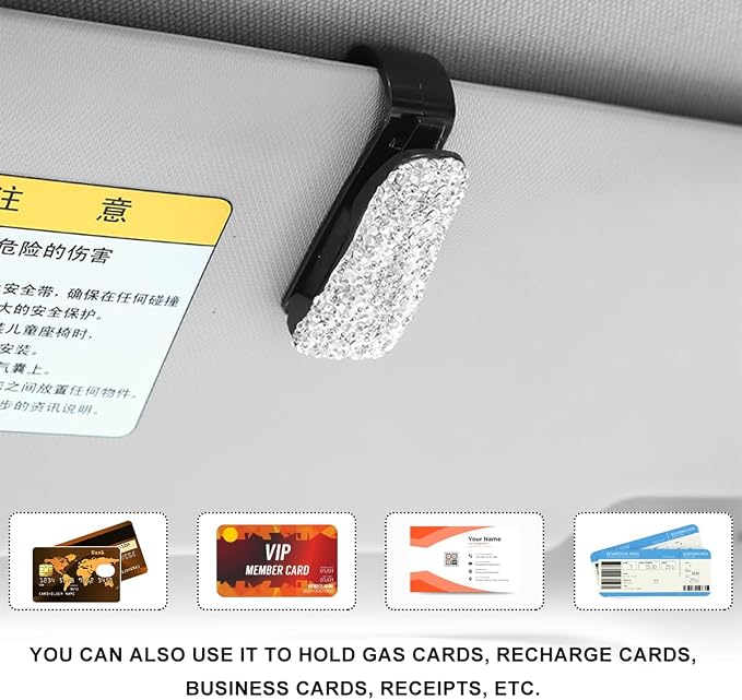 2 PCS Glasses Holders for Car Sun Visor, Bling Crystal Rhinestones Car Sunglasses Holder with Ticket Card Clip, Eyeglasses Hanger Mount for Women Girls, Car Interior Accessories (Red) - Image 4