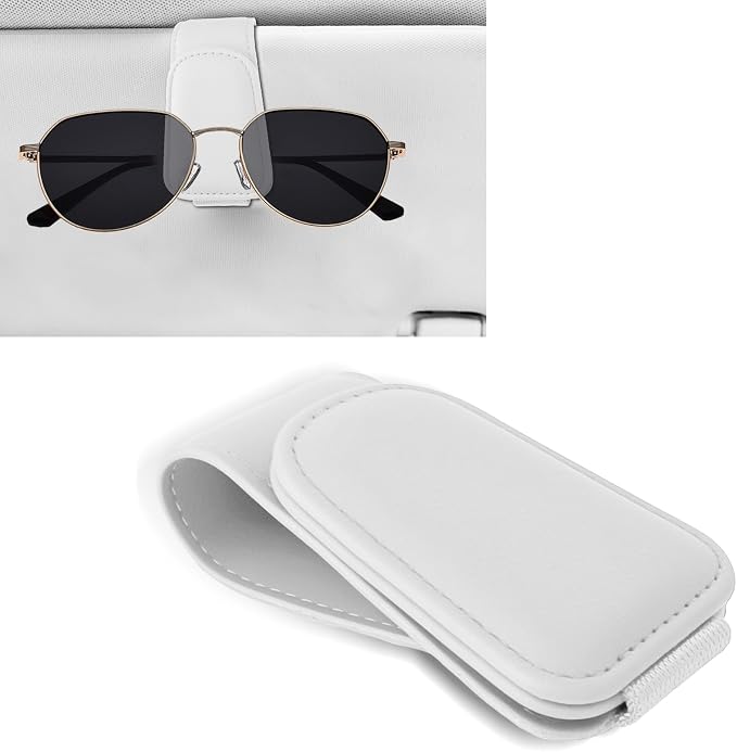 Sunglass Holder for Car, Car Sunglass Holder, Magnetic Leather Sunglasses Holder and Ticket Card Clip, Auto Multi-Functional Sun Visor Eyeglass Holders for SUV Pickup Truck (White) by Unknown